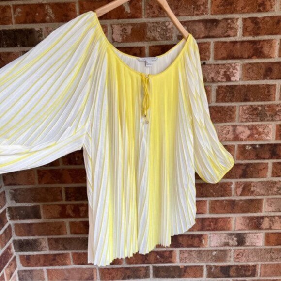 Diane von Furstenberg * Yellow Pleated Peasant 'Keoni' Top Blouse EUC Sz 12 - Picture 11 of 14